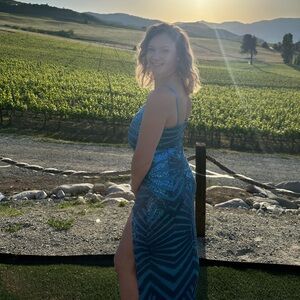 Lulu's Blue and Black Spaghetti Strap Maxi Gown